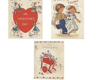 Vintage Valentine Greetings Cards by Americard, 3 Card Set,Hearts, Wagon, Square Dancing, Couple
