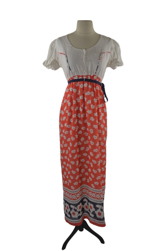 1970s Boho/Peasant Coral and White Flower Dress b… - image 2