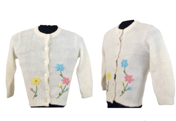 1960s Girls White Cardigan Sweater, Pink, Blue an… - image 1