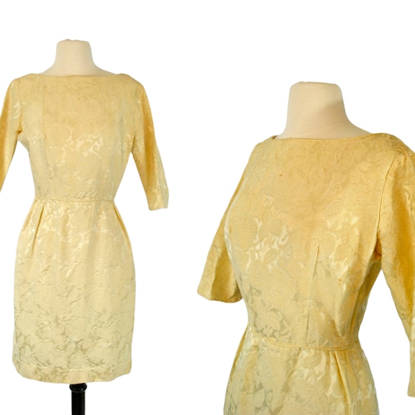 1950s Golden Yellow Damask Flower/Rose Brocade Wiggle Three Quarter Sleeve Dress