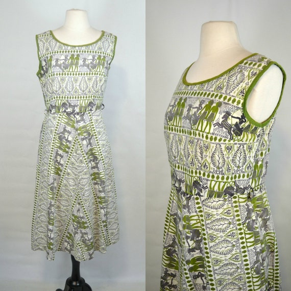 1960s Green and Purple Egyptian Novelty Print Slee