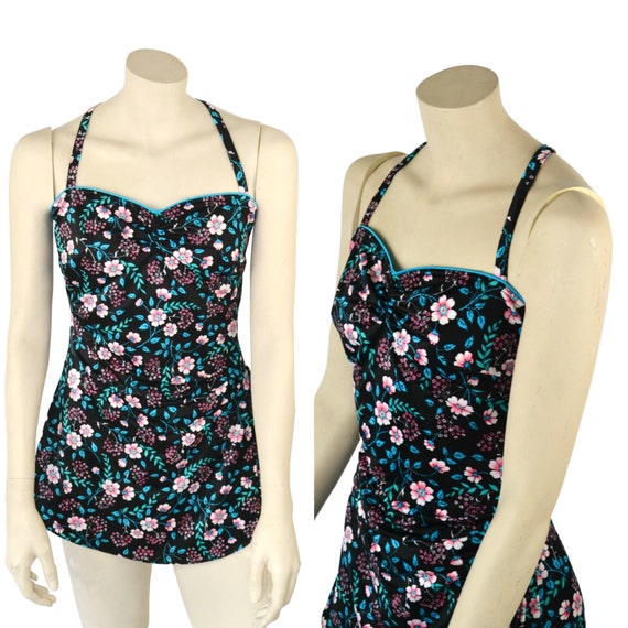 1980s Black Floral One Piece Swimsuit by Mainstre… - image 1