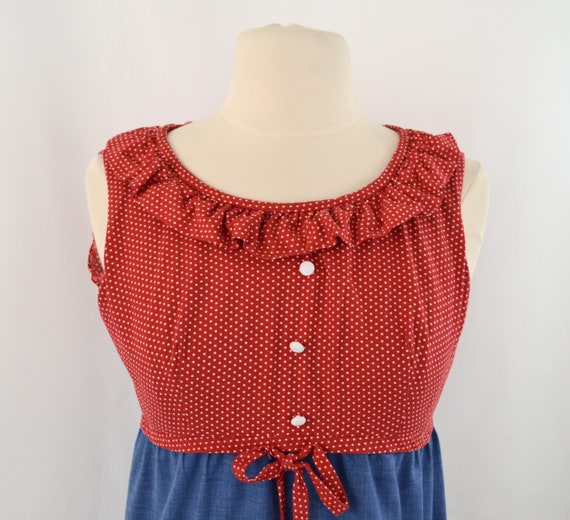 1970s Red and White Polka Dot and Chambray Sleeve… - image 4