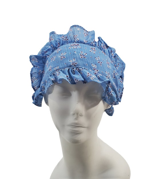 Vintage Blue Floral Gingham Cotton Bonnet, Woman display picture 1