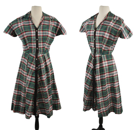 1950s Green, White, Red and Yellow Tartan Plaid F… - image 1