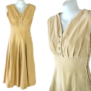 1950s Tan/Beige Sleeveless Dress. XSmall, Pleated Skirt, Pin Up, Rockabilly