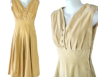 1950s Tan/Beige Sleeveless Dress. XSmall, Pleated Skirt, Pin Up, Rockabilly