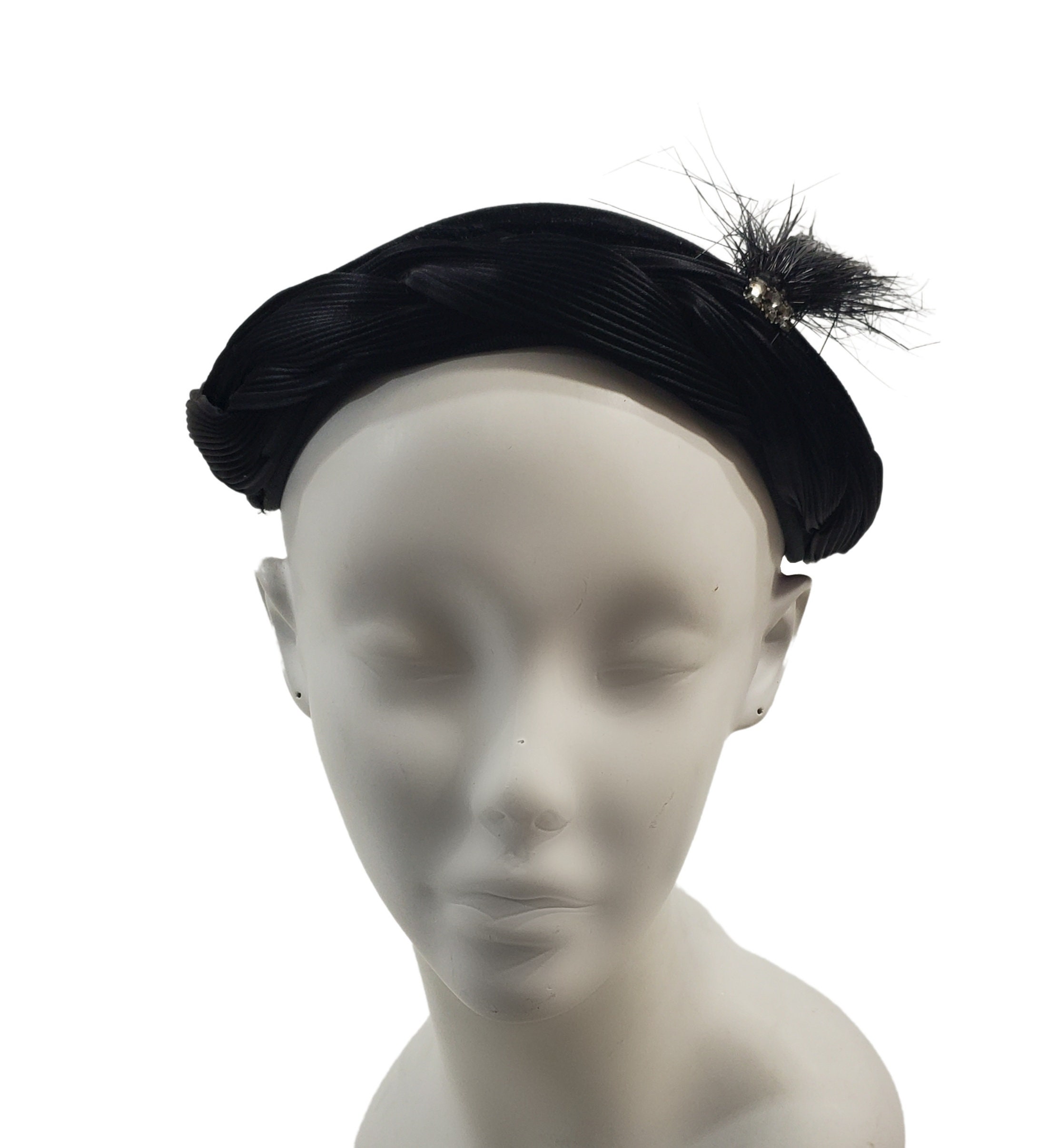 1950s Black Velvet Fascinator Hat With Rhinestones - Etsy display picture 3