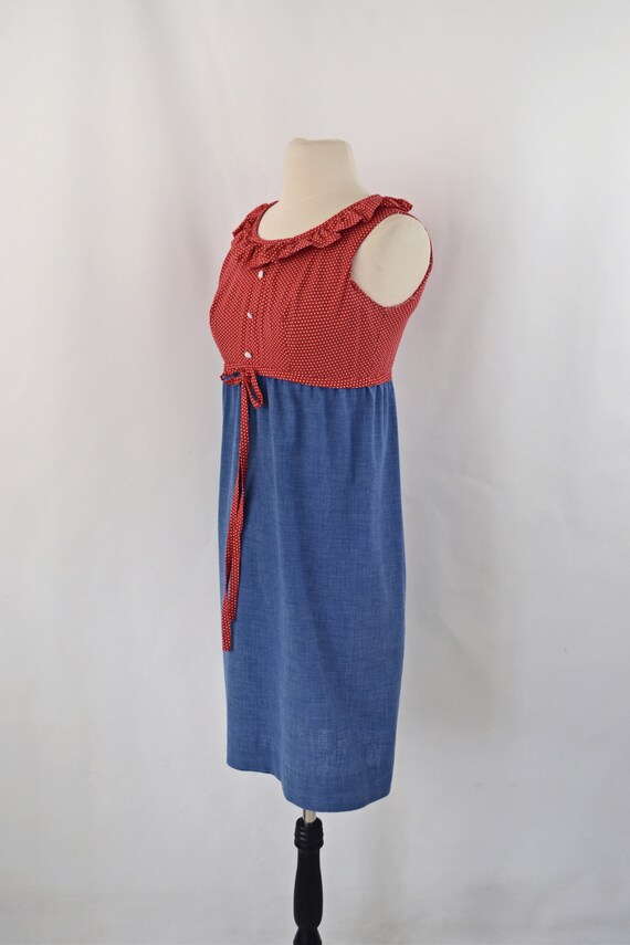 1970s Red and White Polka Dot and Chambray Sleeve… - image 3