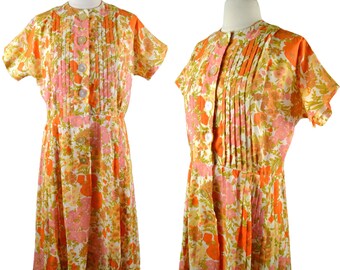 1950s Bright Floral Print Side Pleated Shirtwaist Dress by Tucker Grossman Design