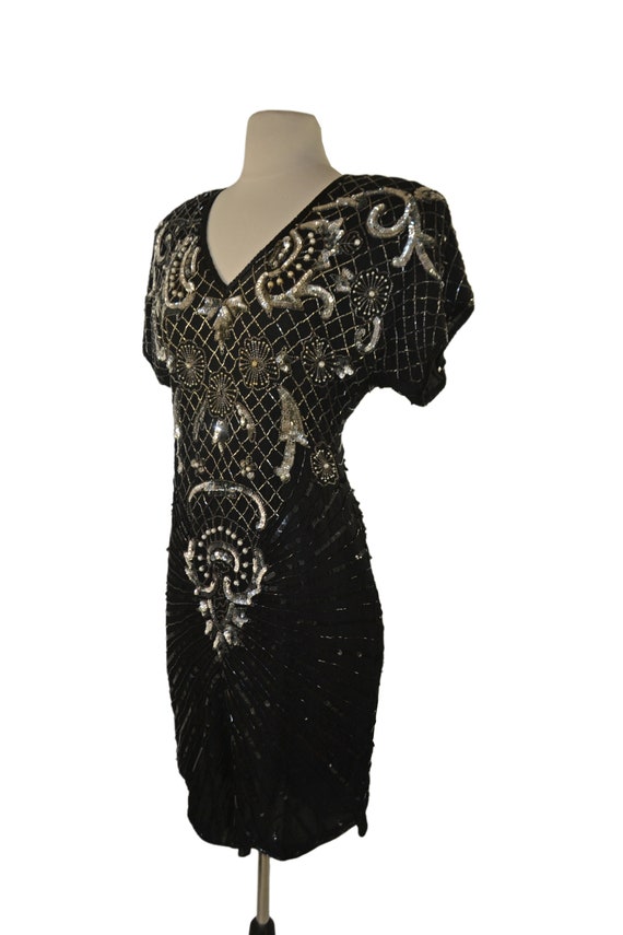 1980s Black and Silver Silk Bead and Sequin Dress… - image 3