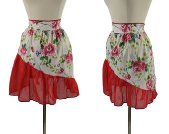 1950s Red Organza and Floral Cotton Half Apron, Hostess Apron