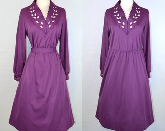 1970s Purple Plum A-Line Tea Length, Peep Hole Neckline and Cuff Dress