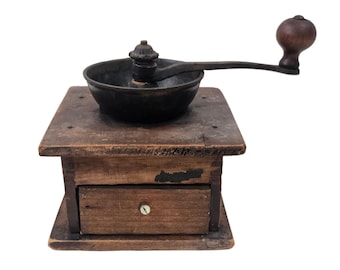 Antique Wooden Coffee Grinder with Cast Iron Open Hopper – Primitive Manual Hand Crank Coffee Mill, Rustic Farmhouse Kitchen Decor, c. 1900