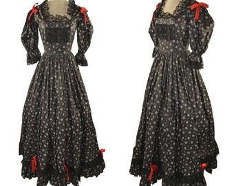 1970s Black and White Floral Print Civil War Ball Gown