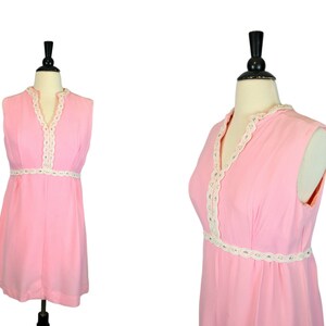 1970s Bubblegum Pink, White Accent Sleeveless Mini Dress, Babydoll