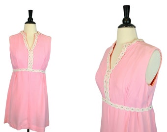 1970s Bubblegum Pink, White Accent Sleeveless Mini Dress, Babydoll