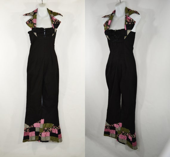 Vintage Black Halter Top Jumpsuit with Quilted Cuf