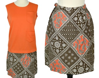 1970s Orange and Brown Two Piece Outfit Shirt and Skort by Dutchmaid