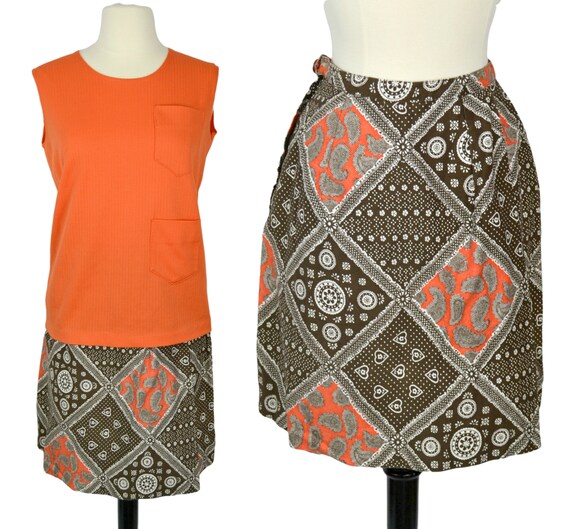 1970s Orange and Brown Two Piece Outfit Shirt and Skort by Dutchmaid