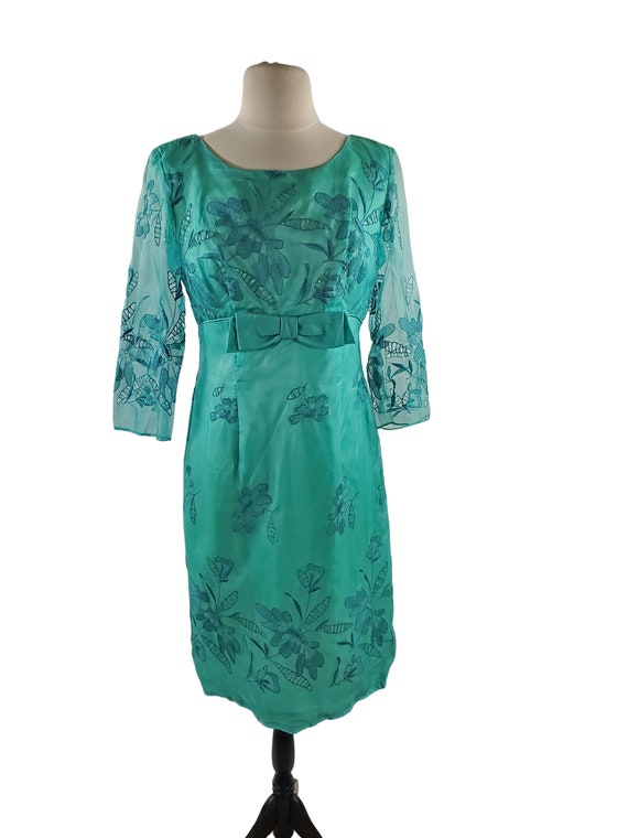 1960s Teal Cut-out Overlay Floral Cocktail Dress - image 2