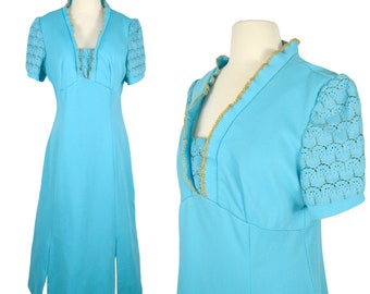 1970s Sky Blue with Gold Trim Maxi Dress, Party, Evening Gown