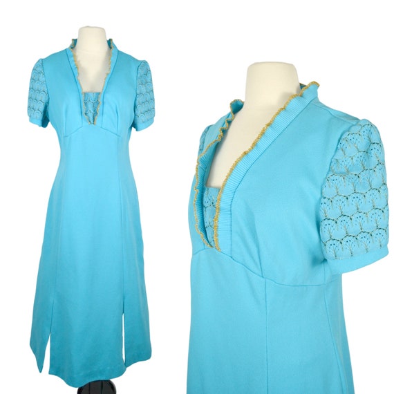 1970s Sky Blue with Gold Trim Maxi Dress, Party, … - image 1