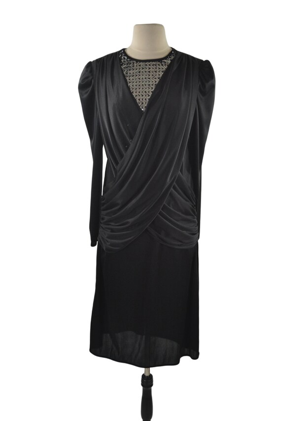 1980s Black Cocktail Dress with Silver Sequin Bib… - image 2