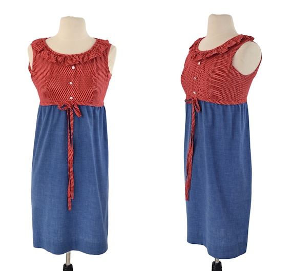 1970s Red and White Polka Dot and Chambray Sleeve… - image 1