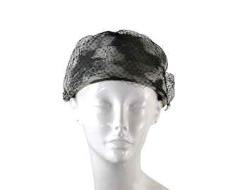 1980s Gray and Charcoal Floral Print Pillbox Hat, Netted Hat