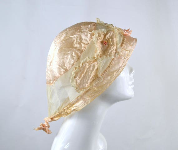 Antique Victorian Peach Silk Boudoir Cap, Handmad… - image 5