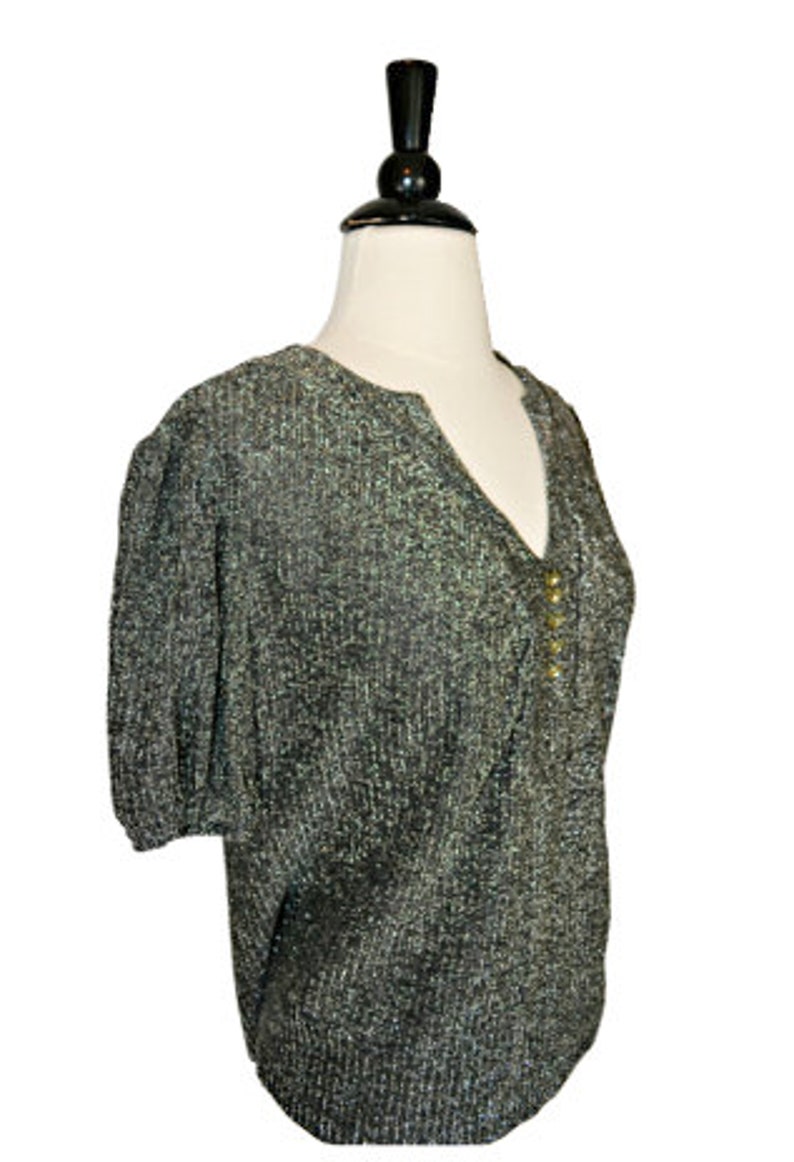 1960s Black and Silver Metallic Lurex Blouse, Sparkly Top, Formal Top image 3