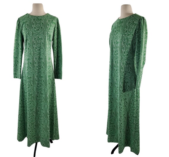 1970s Green and White Tapestry Style Maxi Dress - image 1