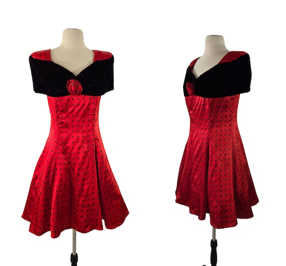 90s Velvet Polka Dot Mini Dress, Red and Black Party Dress