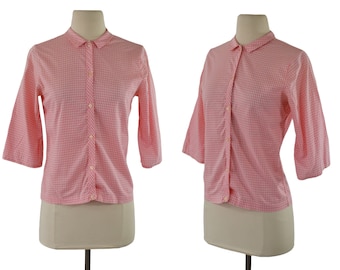 1960s Pink and White Gingham Cotton Blouse, Button Down Top
