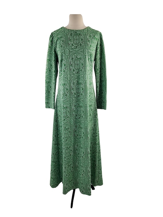 1970s Green and White Tapestry Style Maxi Dress - image 2