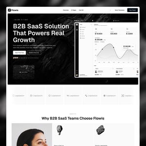 以下が含まれることがあります： B2B SaaSソリューションであるFlowisのウェブサイトのスクリーンショット。ページには「B2B SaaSソリューションが真の成長を促進」という見出しと、財務データを示すグラフが表示されています。ページの最下部には女性が写っています。ウェブサイトはクリーンでモダンなデザインです。