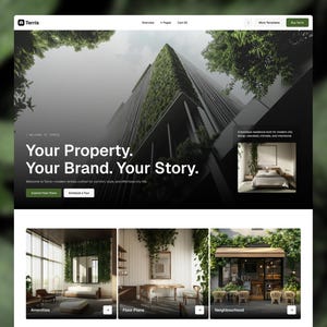 May include: A website homepage for Terris, featuring a modern building with a green facade. The page includes text: "Your Property. Your Brand. Your Story." and sections for amenities, floor plans, and neighborhood information.