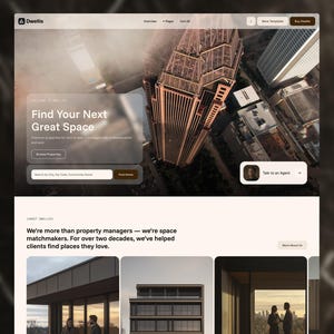 Op de afbeelding: Een website homepage voor Dwellis, een vastgoedbedrijf. De pagina toont een stadsgezicht als achtergrond met een prominente wolkenkrabber. Tekst bevat "Find Your Next Great Space" en een zoekbalk. Extra secties tonen vastgoedafbeeldingen.