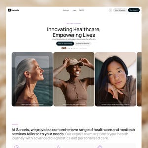 May include: A website homepage for Sanaris, a healthcare and medtech company. The page features the text "Innovating Healthcare, Empowering Lives" and images of diverse individuals. Services include advanced diagnostics and personalized patient care.