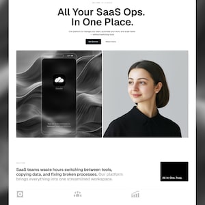 Puede incluir: Interfaz de sitio web con el texto "All Your SaaS Ops. In One Place." Un smartphone muestra un icono de nube. Una mujer sonríe. El sitio web promueve una plataforma para gestionar equipos, automatizar el trabajo y escalar más rápido.