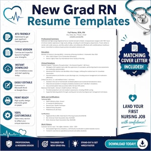 May include: A New Grad RN Resume Template document featuring a professional layout with sections for professional summary, education, clinical rotations, skills, and work history. The design includes a stethoscope icon and text elements.