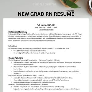 Może przedstawiać: Szablon CV dla nowo upieczonej pielęgniarki. Dokument zawiera sekcje dotyczące podsumowania zawodowego, wykształcenia i rotacji klinicznych. CV podkreśla doświadczenie na oddziałach intensywnej terapii, oddziałach ratunkowych i opiece nad pacjentem.