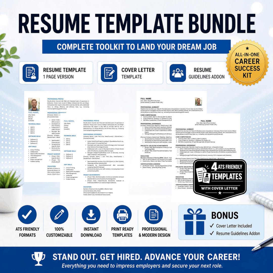 ATS Friendly Resume Template Bundle | Modern CV for Job Applications ...
