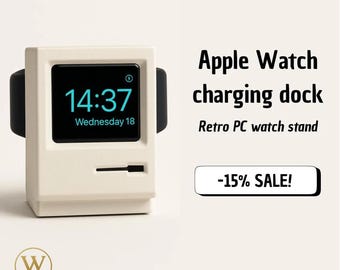 Puede incluir: Una base de carga para Apple Watch de color crema diseñada para parecerse a un PC retro. El reloj muestra la hora 14:37 el miércoles 18. El texto "Apple Watch charging dock" y "Retro PC watch stand" son visibles.