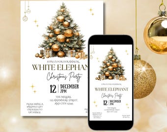 May include: A Christmas party invitation with a festive design. The invitation features a decorated Christmas tree with gold ornaments and the text "White Elephant Christmas Party" with the date and time. A smartphone displays the same design.