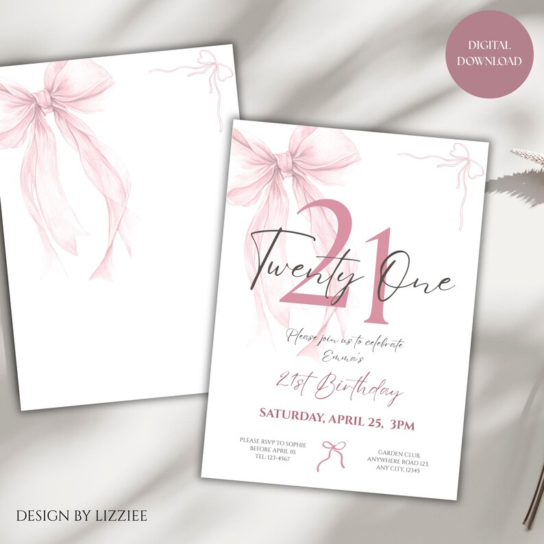Pink Coquette Bow 21 Birthday Invitation Template, Cheers to 21 Years, Elegant 21 Birthday Invite, Digital Download (Canva Template) image 8