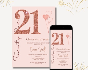Cute sparkly 21st Birthday Invite, 21st Birthday Invitation Template, Rose Glitter Birthday Invitation, Digital Canva Bday Invitation