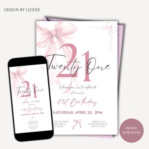 Pink Coquette Bow 21 Birthday Invitation Template, Cheers to 21 Years, Elegant 21 Birthday Invite, Digital Download (Canva Template) image 3