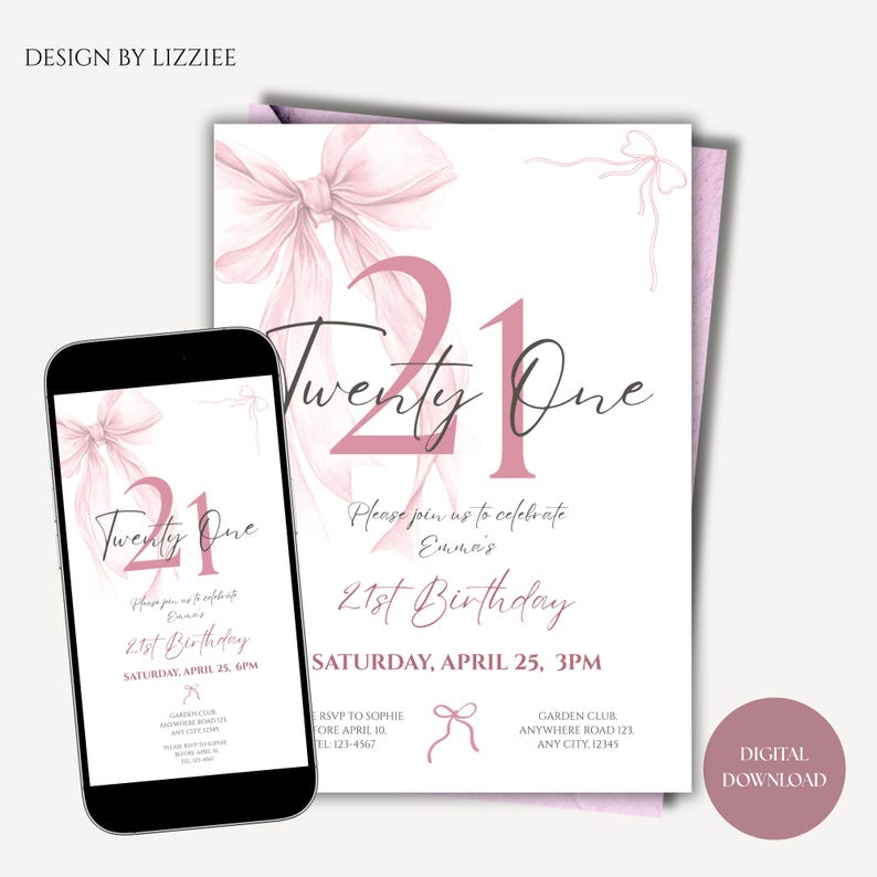 Pink Coquette Bow 21 Birthday Invitation Template, Cheers to 21 Years, Elegant 21 Birthday Invite, Digital Download (Canva Template) image 3